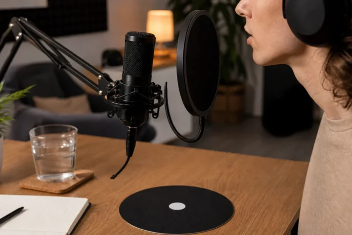 Home vocal recording setup with generic microphone pop filter water glass and notebook for reducing mouth clicks