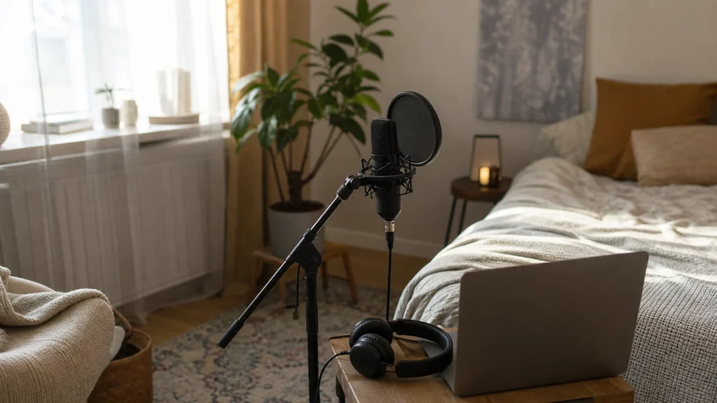 Quiet apartment vocal recording setup with a generic microphone, closed-back headphones, laptop, curtains and soft room materials