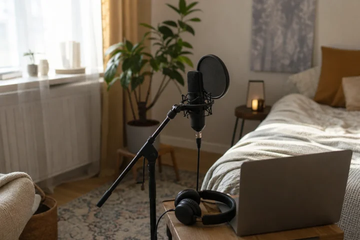 Quiet apartment vocal recording setup with a generic microphone, closed-back headphones, laptop, curtains and soft room materials