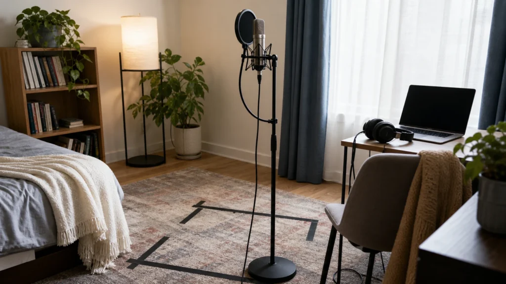 Repeatable home vocal recording setup with generic microphone on a stand, closed-back headphones, laptop, curtains and floor position markers