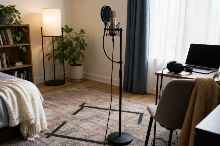 Repeatable home vocal recording setup with generic microphone on a stand, closed-back headphones, laptop, curtains and floor position markers