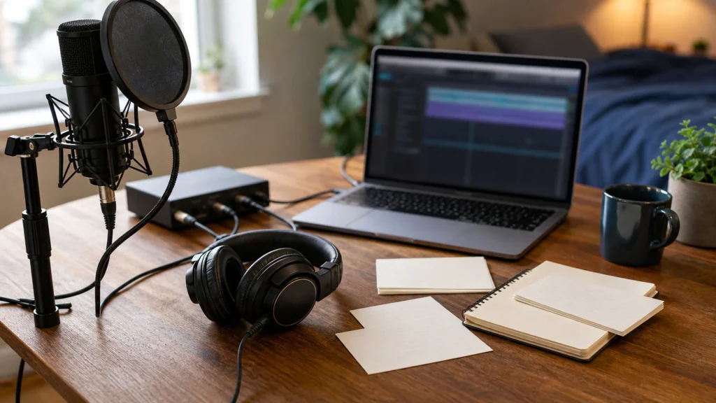 Beginner home vocal recording desk with generic microphone, closed-back headphones, laptop and blank note cards for organizing takes