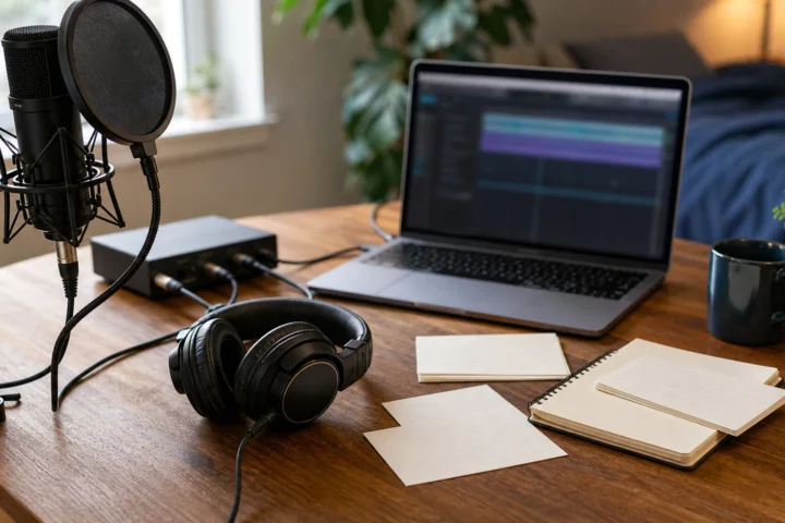 Beginner home vocal recording desk with generic microphone, closed-back headphones, laptop and blank note cards for organizing takes
