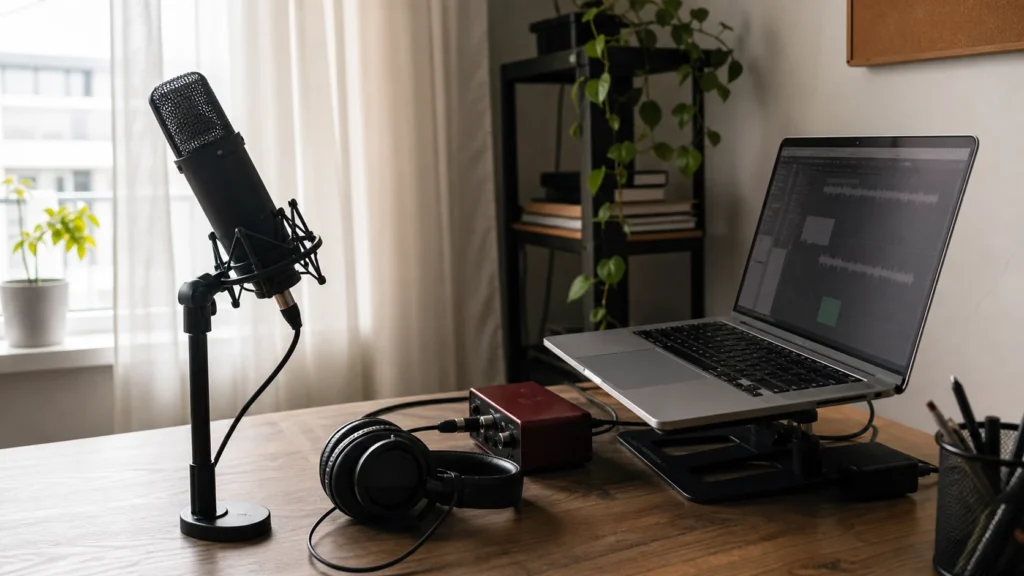 Home vocal recording setup with generic microphone angled away from a laptop, closed-back headphones, audio interface and soft curtains
