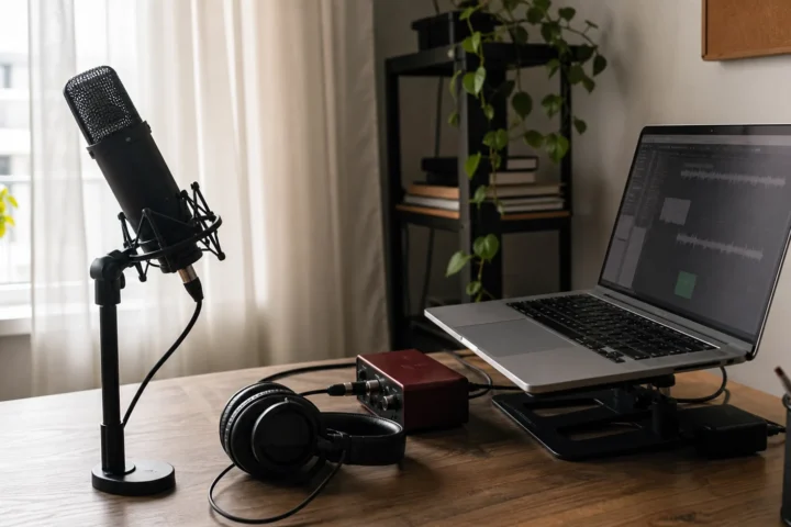 Home vocal recording setup with generic microphone angled away from a laptop, closed-back headphones, audio interface and soft curtains