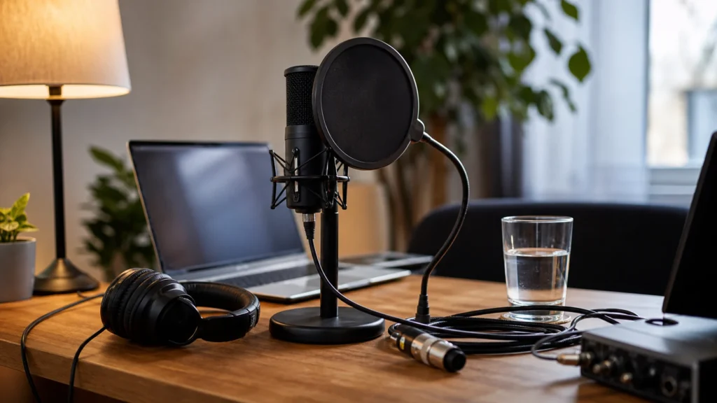 Home vocal recording desk with generic microphone, pop filter, closed-back headphones, laptop, water glass and cable for retake checks