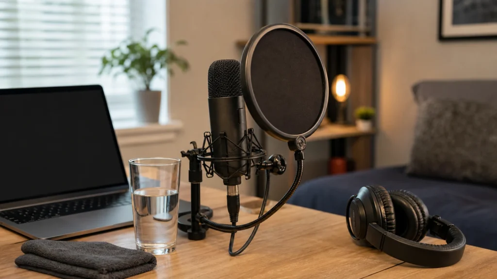 Home vocal setup with generic microphone, pop filter, closed-back headphones, blank laptop, water glass and towel for controlling breath noise