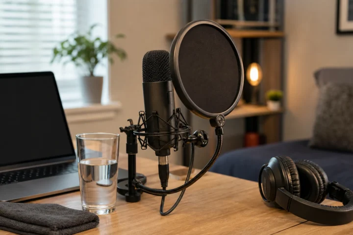 Home vocal setup with generic microphone, pop filter, closed-back headphones, blank laptop, water glass and towel for controlling breath noise