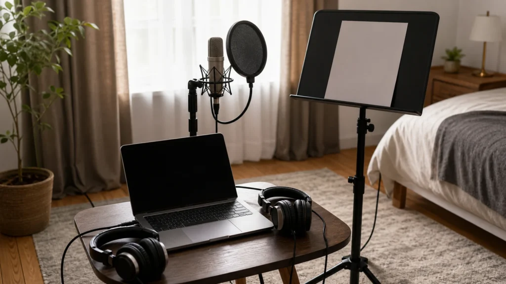 Bedroom vocal recording setup with generic microphone, pop filter, two pairs of closed-back headphones, blank laptop and empty music stand