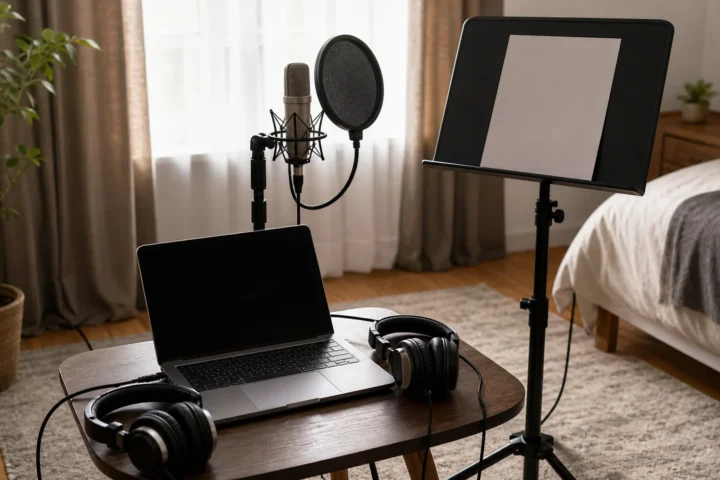 Bedroom vocal recording setup with generic microphone, pop filter, two pairs of closed-back headphones, blank laptop and empty music stand
