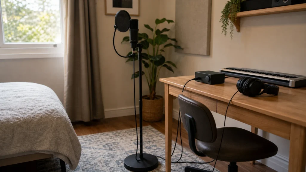 Bedroom vocal recording setup with generic microphone on floor stand, closed-back headphones, plain interface, wooden desk and rug to reduce vibration
