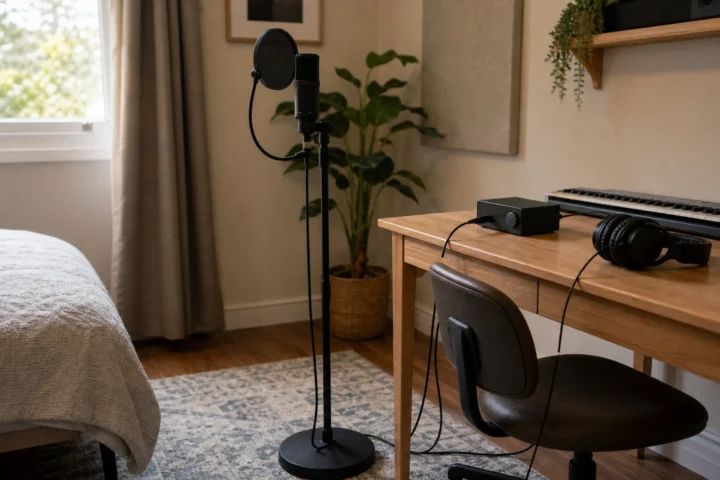 Bedroom vocal recording setup with generic microphone on floor stand, closed-back headphones, plain interface, wooden desk and rug to reduce vibration