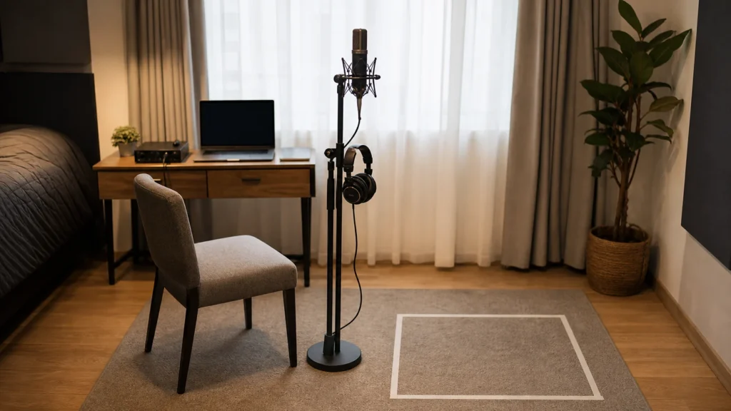 Home vocal recording setup with empty chair, standing floor marker, generic microphone on stand, headphones and blank laptop