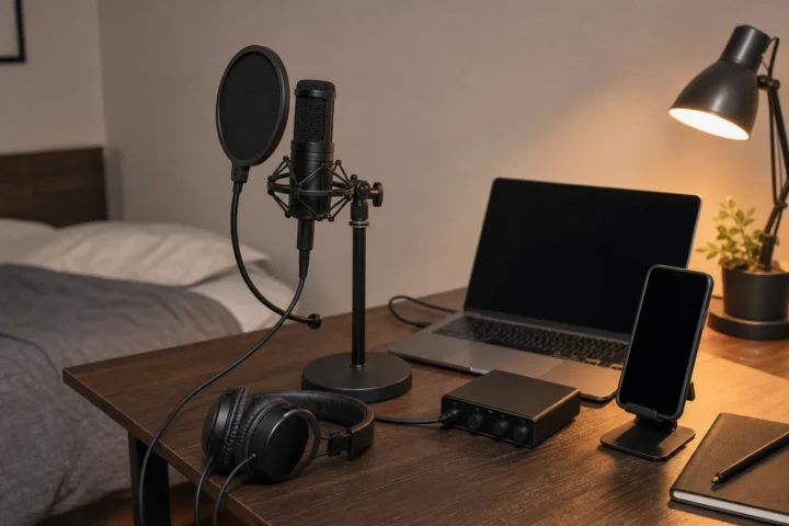 Compact bedroom vocal recording setup with generic microphone, pop filter, headphones, blank laptop, black phone screen and plain interface