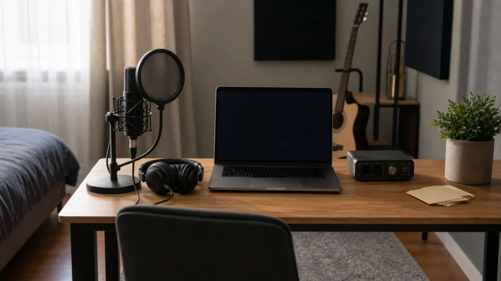 Home vocal desk with generic microphone, pop filter, closed-back headphones, blank laptop and empty notebook for planning ad libs