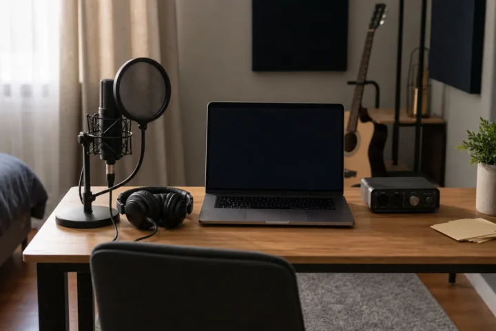 Home vocal desk with generic microphone, pop filter, closed-back headphones, blank laptop and empty notebook for planning ad libs