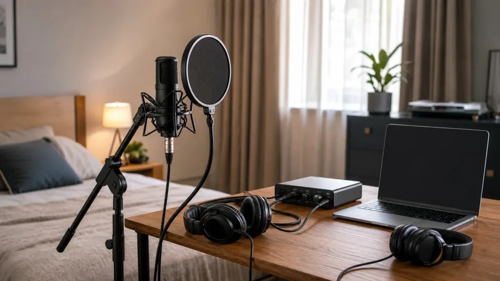 Bedroom recording setup with generic microphone, pop filter, two closed-back headphones, blank laptop and small plain interface for backing vocals