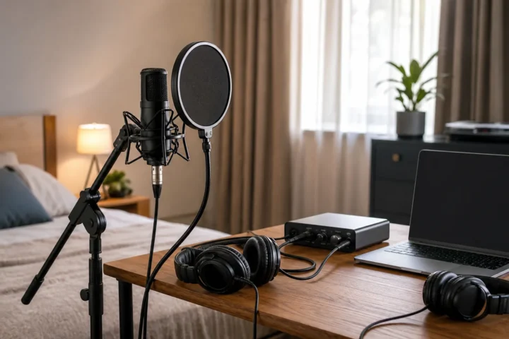 Bedroom recording setup with generic microphone, pop filter, two closed-back headphones, blank laptop and small plain interface for backing vocals
