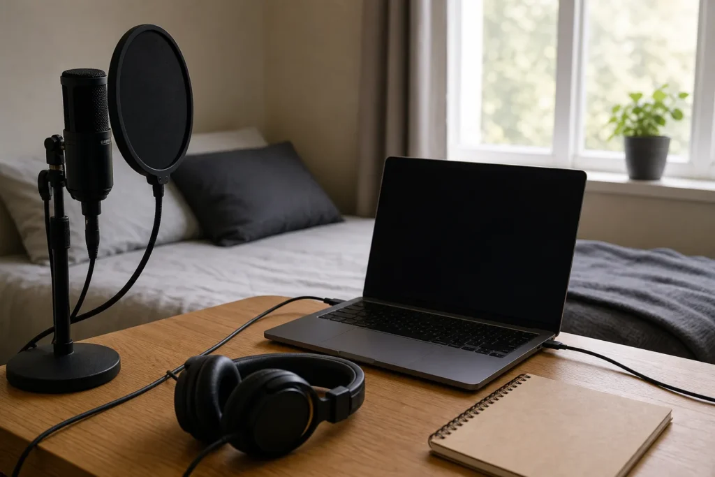 Bedroom recording desk with generic microphone, pop filter, closed-back headphones, blank laptop and plain notebook for a scratch vocal