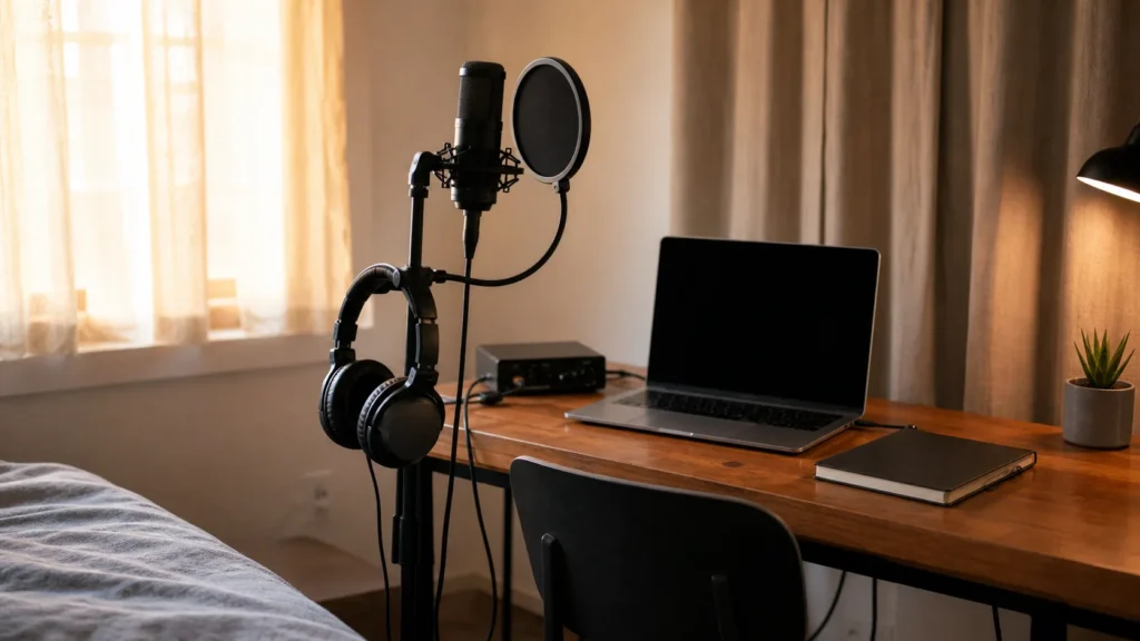 Warm bedroom vocal recording setup with generic microphone, pop filter, closed-back headphones, blank laptop and plain notebook for chorus vocals