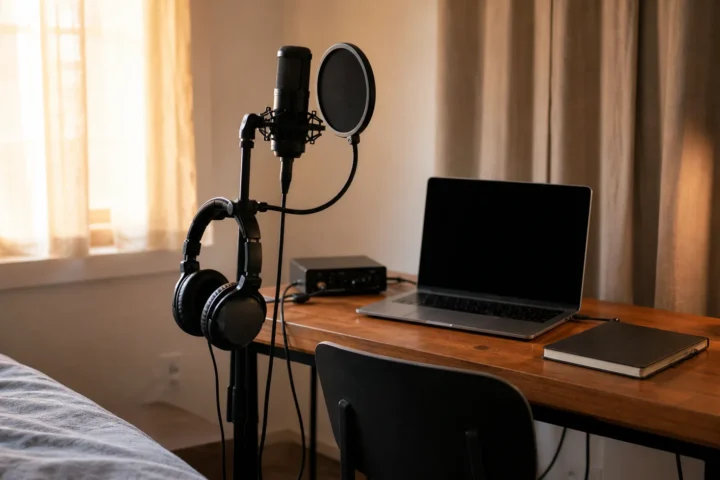Warm bedroom vocal recording setup with generic microphone, pop filter, closed-back headphones, blank laptop and plain notebook for chorus vocals