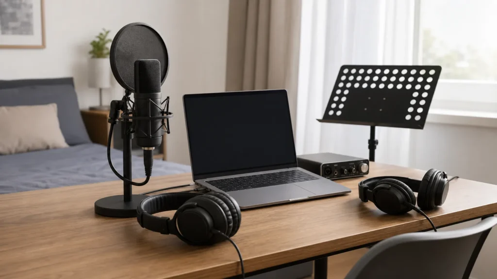 Bedroom recording setup with generic microphone, pop filter, two closed-back headphones, blank laptop, plain interface and music stand for harmonies