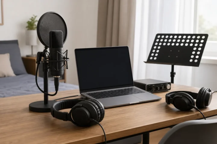 Bedroom recording setup with generic microphone, pop filter, two closed-back headphones, blank laptop, plain interface and music stand for harmonies