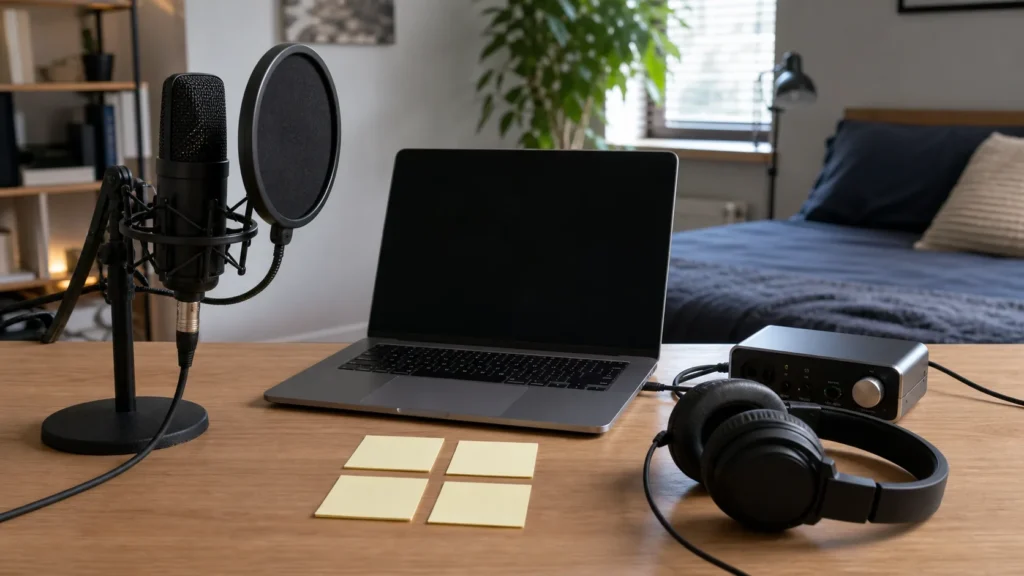 Organized bedroom vocal recording desk with generic microphone, pop filter, headphones, blank laptop, plain interface and blank notes for vocal layers