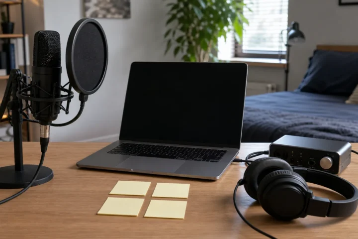 Organized bedroom vocal recording desk with generic microphone, pop filter, headphones, blank laptop, plain interface and blank notes for vocal layers