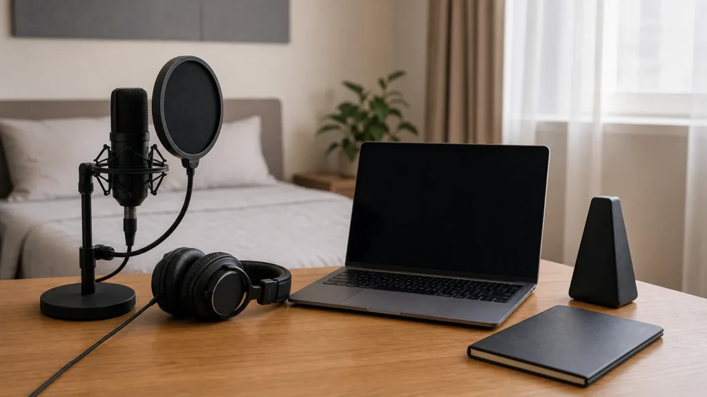Clean bedroom home recording desk with generic microphone, pop filter, closed-back headphones, blank laptop, plain notebook and metronome-shaped object