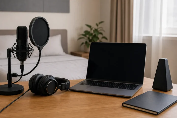 Clean bedroom home recording desk with generic microphone, pop filter, closed-back headphones, blank laptop, plain notebook and metronome-shaped object