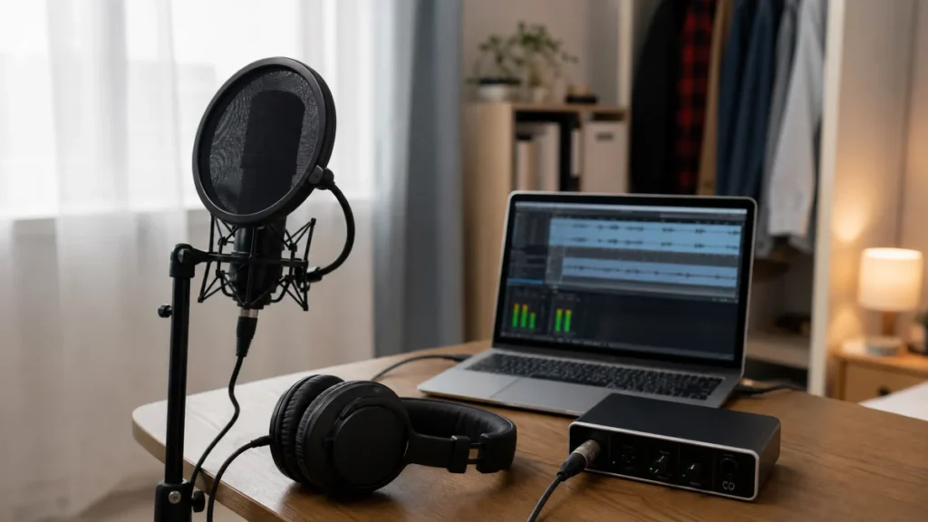 Generic home vocal recording setup with a microphone, pop filter, closed-back headphones, laptop and small desk audio interface