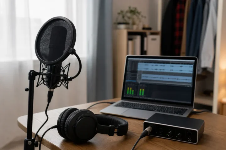 Generic home vocal recording setup with a microphone, pop filter, closed-back headphones, laptop and small desk audio interface