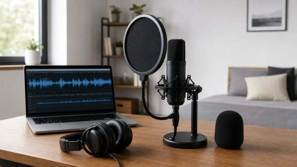 Home vocal microphone setup comparing a pop filter and a foam windscreen