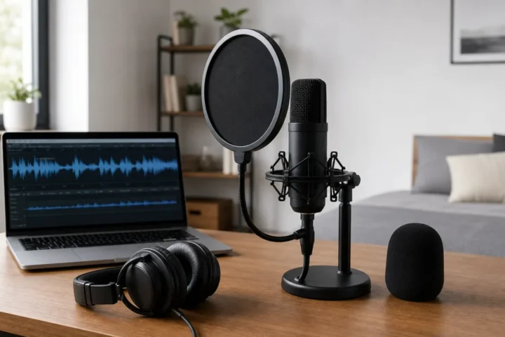 Home vocal microphone setup comparing a pop filter and a foam windscreen