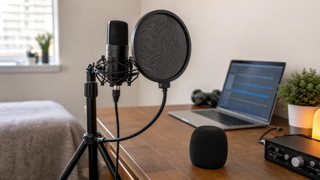 Generic microphone with a pop filter and foam windscreen on a bedroom recording desk