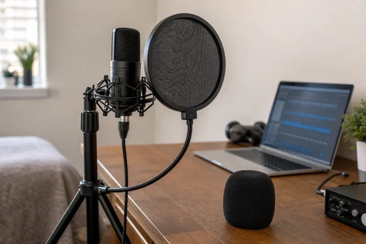 Generic microphone with a pop filter and foam windscreen on a bedroom recording desk