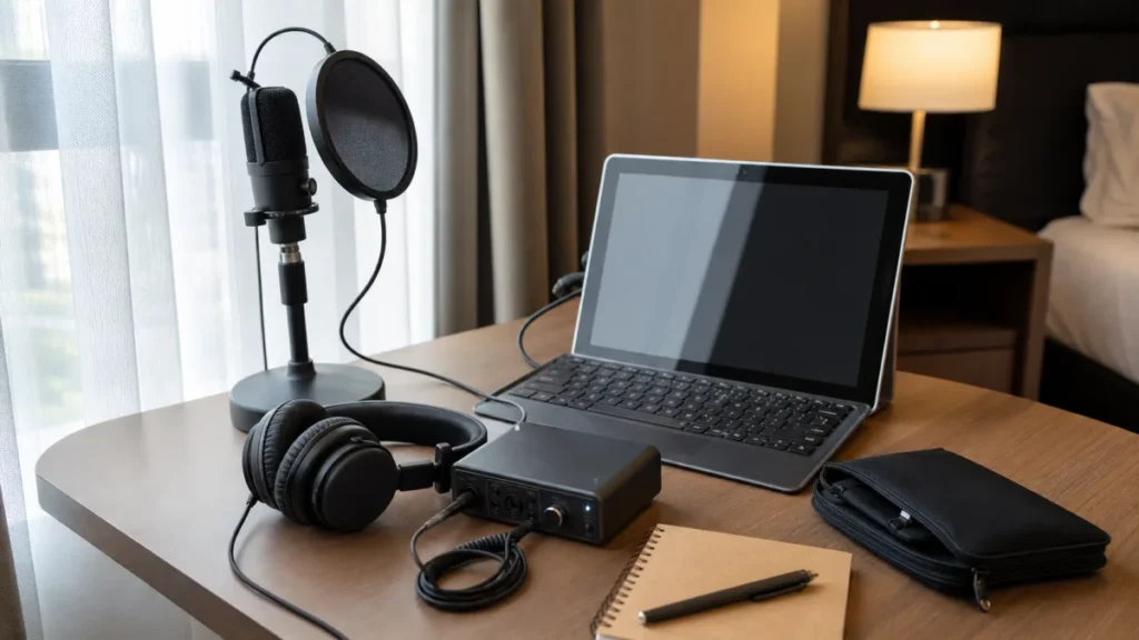 Portable beginner vocal recording setup with generic microphone compact interface headphones and laptop on a small desk