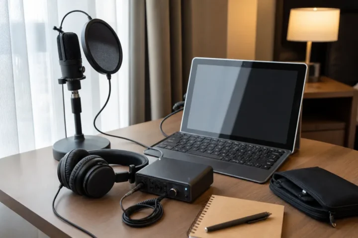 Portable beginner vocal recording setup with generic microphone compact interface headphones and laptop on a small desk