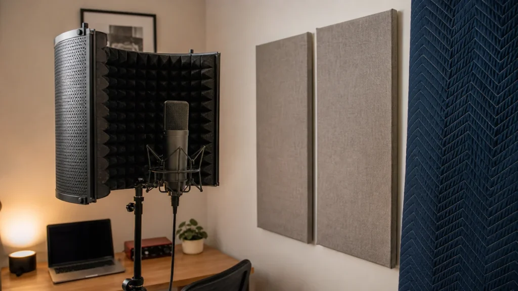 Generic vocal microphone with a reflection filter beside simple wall treatment in a bedroom studio