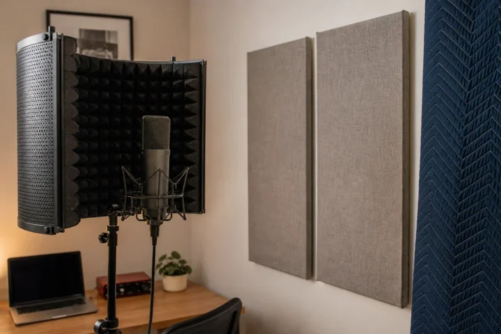 Generic vocal microphone with a reflection filter beside simple wall treatment in a bedroom studio
