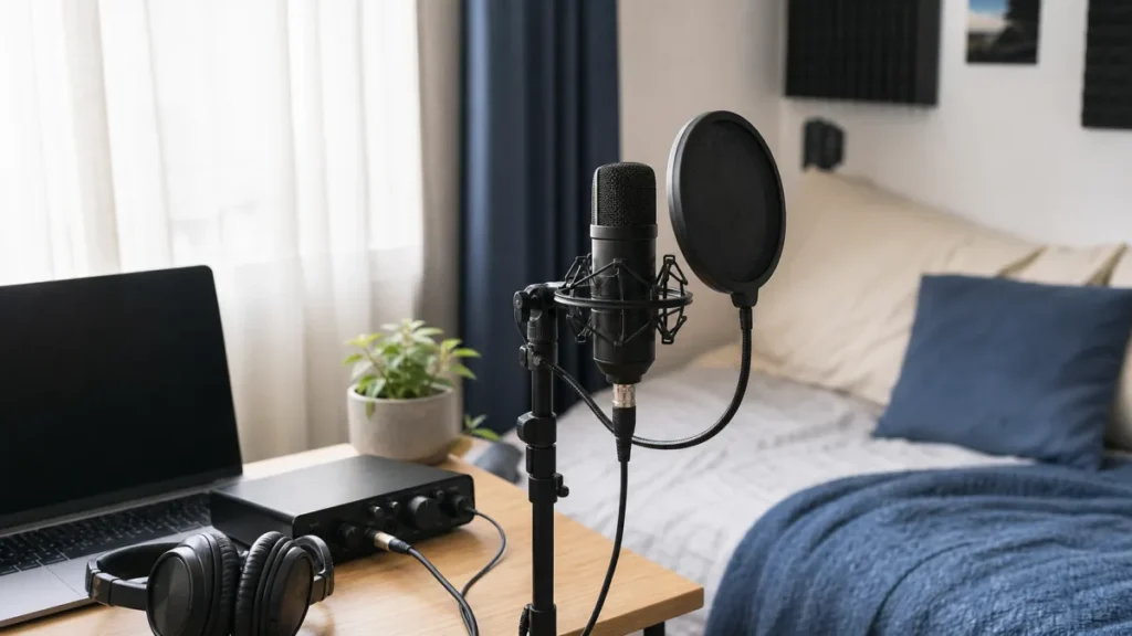 Generic condenser microphone with pop filter, audio interface and headphones on a beginner bedroom vocal recording desk
