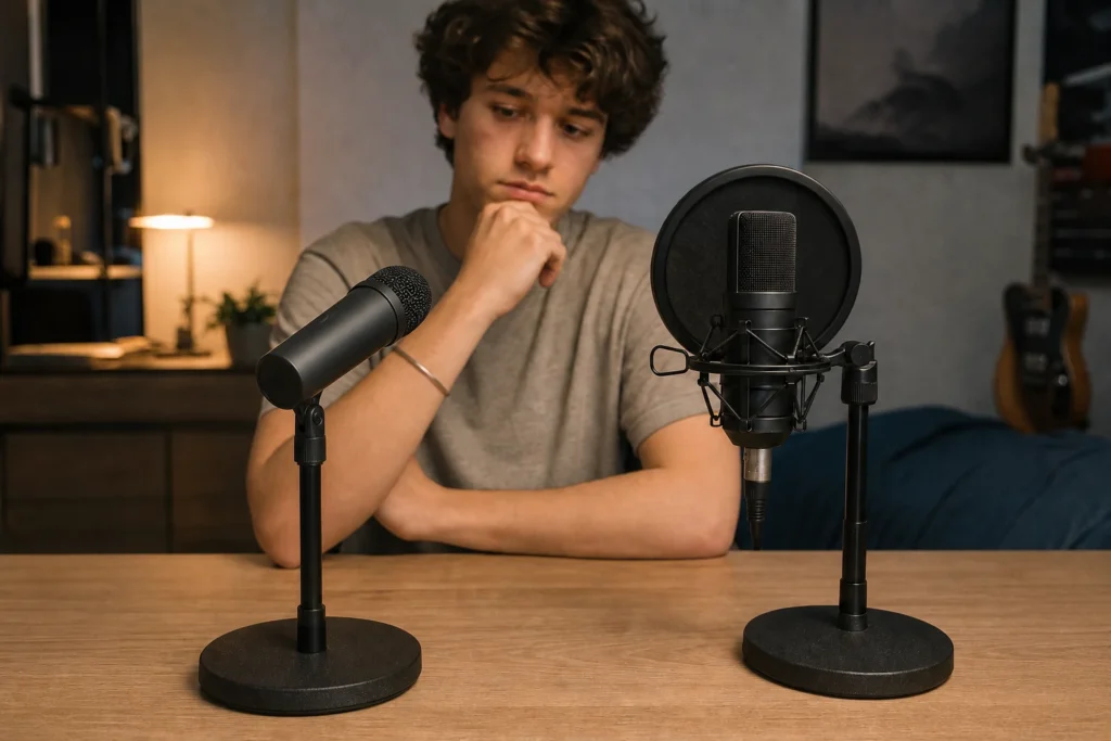 Beginner comparing a generic dynamic microphone and condenser microphone for home recording.