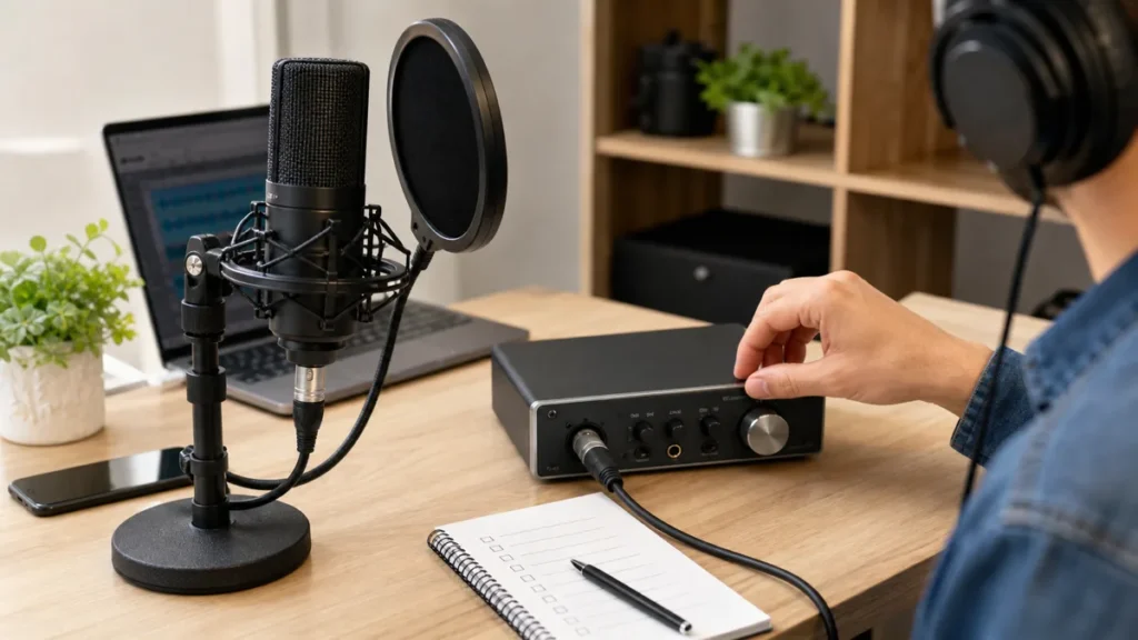 Condenser vocal microphone connected to a simple interface during a beginner phantom power setup check