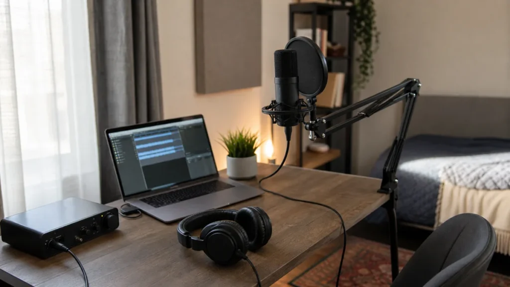 Small bedroom desk vocal recording setup with a microphone, headphones, laptop and compact audio interface