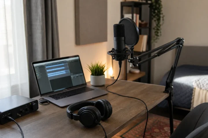 Small bedroom desk vocal recording setup with a microphone, headphones, laptop and compact audio interface