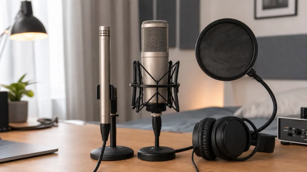 Generic small-diaphragm and large-diaphragm condenser microphones beside a pop filter and headphones in a home vocal setup