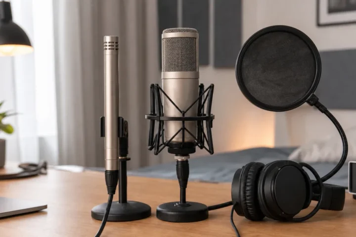 Generic small-diaphragm and large-diaphragm condenser microphones beside a pop filter and headphones in a home vocal setup