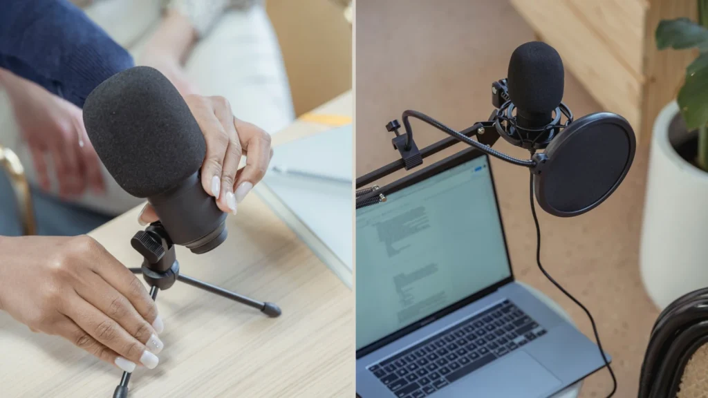 Small table tripod and boom arm holding microphones in home recording setups.