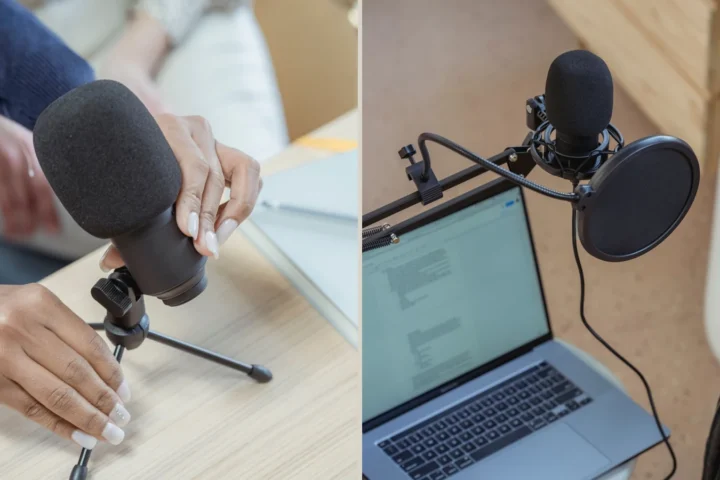 Small table tripod and boom arm holding microphones in home recording setups.